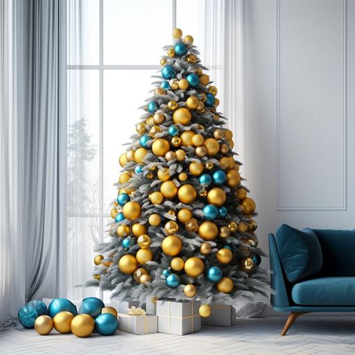 Christmas tree with green branches, yellow and blue balls on tree, background of a light modern minimalistic interior, luxury interior, no classics details, photorealism, imax quality