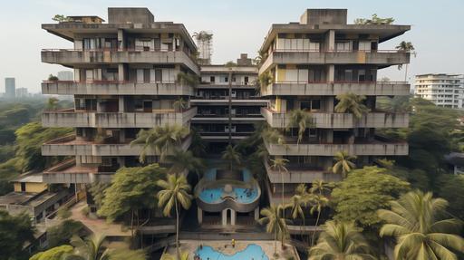 semi-aerial view of six floors Soviet-style brutalist social housing blocks with contemporary art-deco tropical architecture design and gable roof in dense urban settings in Indonesia with people hanging out in balcony --ar 16:9