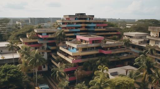 semi-aerial view of six floors Soviet-style brutalist social housing blocks with colorful tropical architecture design and gable roof in dense urban settings in Indonesia with people hanging out in balcony --ar 16:9
