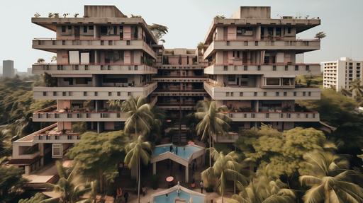 semi-aerial view of six floors Soviet-style brutalist social housing blocks with contemporary art-deco tropical architecture design and gable roof in dense urban settings in Indonesia with people hanging out in balcony --ar 16:9