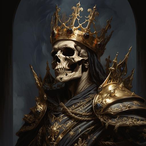 semi profile of an human skeleton, full body view, wearing a medieval king crown, surrended by four leave trebol, concept art, high detailed, athmospheric, dark art