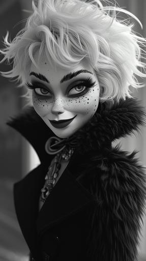 semi-realistic head to toe cupture of Cruella de Vil, in her signature black-and-white attire, casting a wicked smile at the camera, gait in a fashion design sketch, emphasis on her exaggerated fur coat and bold accessories, reflecting her diabolical elegance, close-up view, comical caricatur --ar 9:16 --stylize 350 --v 6.0