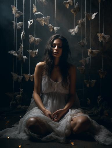 Realistic photo of a woman sitting in a dark, dusty room. Butterflies tied to a thread descend from the ceiling. Dark tone, extremely detailed --ar 3:4