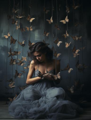 Realistic photo of a woman sitting in a dark, dusty room. Butterflies tied to a thread descend from the ceiling. Dark tone, extremely detailed --ar 3:4