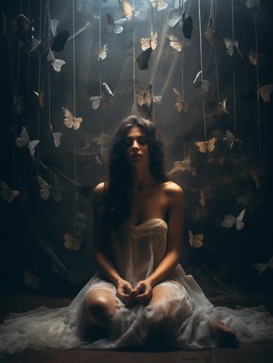 Realistic photo of a woman sitting in a dark, dusty room. Butterflies tied to a thread descend from the ceiling. Dark tone, extremely detailed --ar 3:4