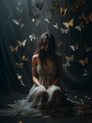 Realistic photo of a woman sitting in a dark, dusty room. Butterflies tied to a thread descend from the ceiling. Dark tone, extremely detailed --ar 3:4