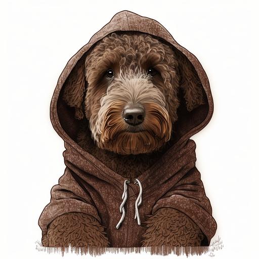brown ausie-doodle wearing a bear costume