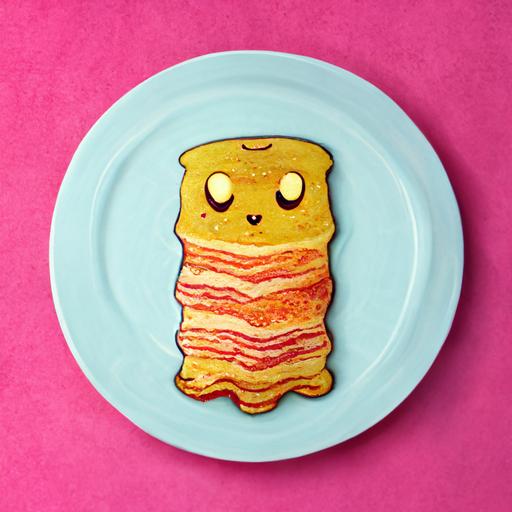 sentient bacon pancake, cartoon style, top lit, yellow and pink background