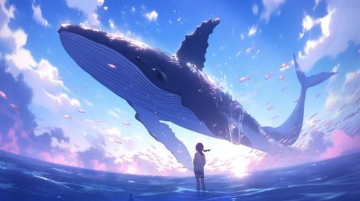 Animation feel, one whale flying over the Atlantic Ocean, girl sitting on the head of the whale, whale simulation shot, intense ocean light at 12pm, aerial view --ar 16:9 --niji 5