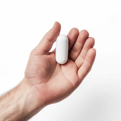 a middle-aged adult's hand holding a white capsule on a white background --v 5.1