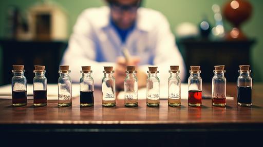 photograph of 6 small identical bottles in a row on a table. Behind the table is a scientist holding a clipboard and wearing glasses. The scientist is examining the clipboard with intense focus --ar 16:9 --v 5.1