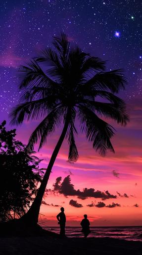 serene twilight scene, sky in hues of soft purples & blues, gentle glow in the horizon. Figures of african-americans on a tranquil beach under the boughs of a palm tree, their silhouette hinting at the weight of their grief. Stars twinkle in the darkening sky, cherished memories of the lost family member. There's a sense of peace. The beauty of the moment is a tribute to the love that remains even in death. --ar 9:16