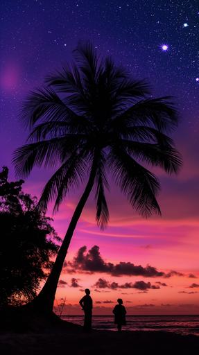 serene twilight scene, sky in hues of soft purples & blues, gentle glow in the horizon. Figures of african-americans on a tranquil beach under the boughs of a palm tree, their silhouette hinting at the weight of their grief. Stars twinkle in the darkening sky, cherished memories of the lost family member. There's a sense of peace. The beauty of the moment is a tribute to the love that remains even in death. --ar 9:16 --v 6.0