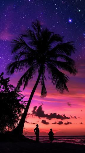 serene twilight scene, sky in hues of soft purples & blues, gentle glow in the horizon. Figures of african-americans on a tranquil beach under the boughs of a palm tree, their silhouette hinting at the weight of their grief. Stars twinkle in the darkening sky, cherished memories of the lost family member. There's a sense of peace. The beauty of the moment is a tribute to the love that remains even in death. --ar 9:16 --v 6.0