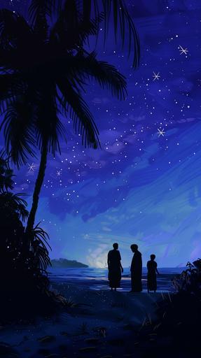serene twilight scene, sky in hues of soft purples & blues, gentle glow in the horizon. Figures of african-americans on a tranquil beach under the boughs of a palm tree, their silhouette hinting at the weight of their grief. Stars twinkle in the darkening sky, cherished memories of the lost family member. There's a sense of peace. The beauty of the moment is a tribute to the love that remains even in death. --ar 9:16