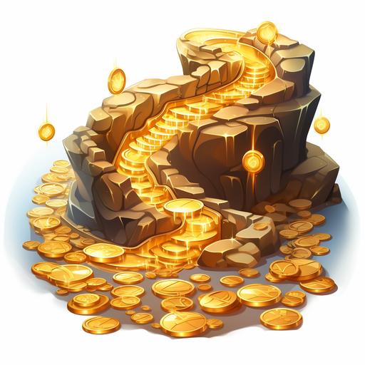 A stylized winding path that represents the savings journey, starting from a pile of coins and leading towards a shining golden treasure chest, cartoon style