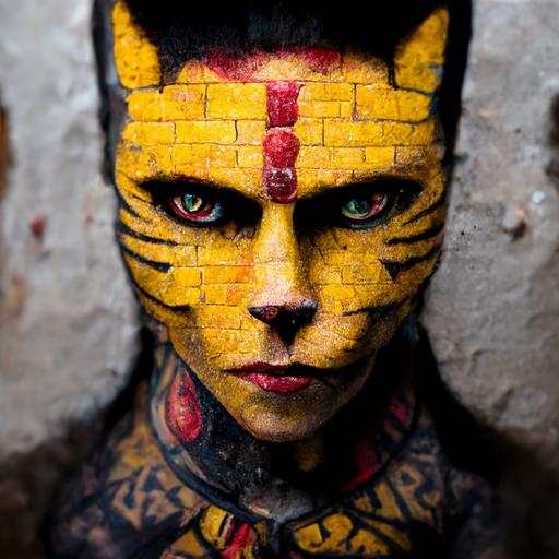 serious looking cat, detailed cat head, detailed angry cat face, detailed humanoid upper body, in front of an old dark brick wall, wearing detailed red jewellry, colorful yellow full body tattoos, leopard body, muscles, shoulder plates, photography