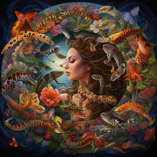 serpent goddess dreaming in the heart of the rainforest, butterflies and rainbow mackawas, river reflecting the cosmos about, double helix dna, kundalini awakening, autumn skye artist style, full moon, honeybees, roses, hibiscus flowers, serpents, jaguars