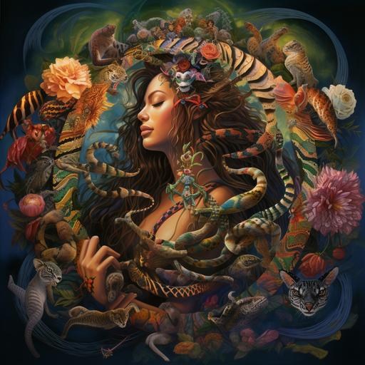 serpent goddess dreaming in the heart of the rainforest, butterflies and rainbow mackawas, river reflecting the cosmos about, double helix dna, kundalini awakening, autumn skye artist style, full moon, honeybees, roses, hibiscus flowers, serpents, jaguars