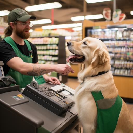 service dog giving money to a cashier