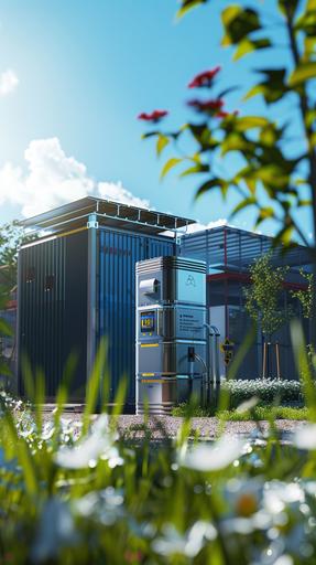 A hydrogen electrolyer with photovoltaic panels on top and a warehouse in the background, blue, renweable,photorealistic --ar 9:16