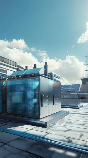 A hydrogen electrolyer with photovoltaic panels on top and a warehouse in the background, blue, renweable,photorealistic --ar 9:16