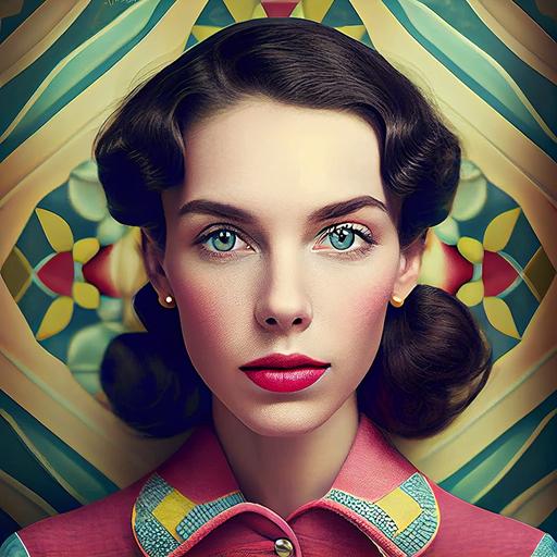 sesion de fotos de moda, mujer [joven, piel ultra brillante texturada, ojos enormes] ambiente estilo decada de 1950, colores retro, luz calida q 5 --upbeta