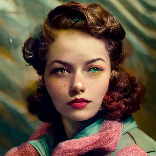 sesion de fotos de moda, mujer [joven, piel ultra brillante texturada, ojos enormes] ambiente estilo decada de 1950, colores retro, luz calida q 5 --upbeta