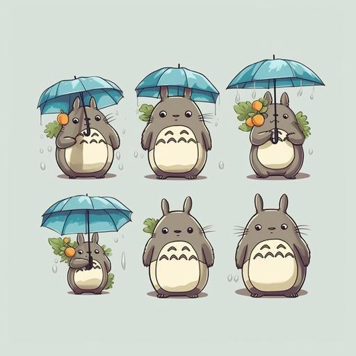 set of 4 stickers, of cute Totoro with no mouth, under an umbrella, cartoon style