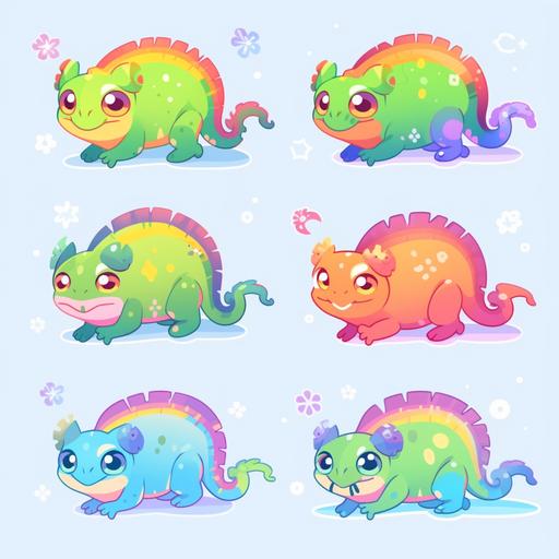 set of chameleon emojis, anime-inspired, rainbows, tropical, tattoo-inspired, animated gifs, close up, --niji 5