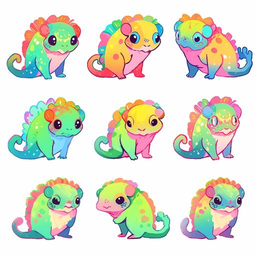 set of chameleon emojis, anime-inspired, rainbows, tropical, tattoo-inspired, animated gifs, close up, --niji 5