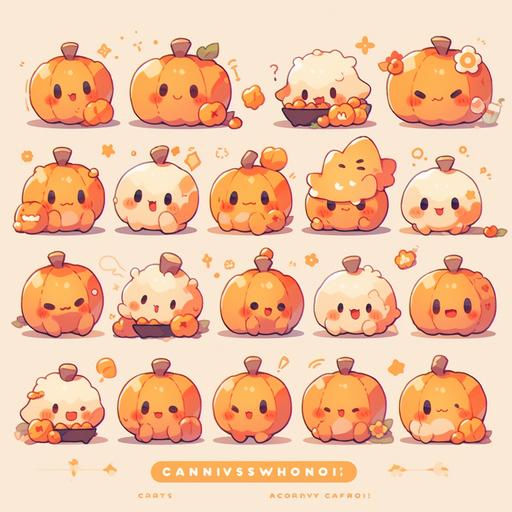 set of cute kawaii 8-bit Halloween candy pumpkin emoji stickers, in the style of anime inspired, quirky character designs, animated gifs, close up, --niji 5 --s 750 --upbeta