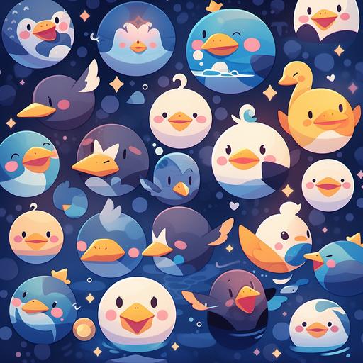set of emojis of a trendy rubber duck, in the style of anime inspired, bubbles, kidcore, quirky character designs, i can't believe how beautiful this is, subtle coloring --niji 5 --style scenic --q 5 --s 250
