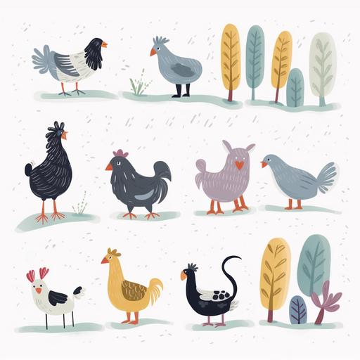 set of farm animals including brown horse, black rooster, white chicken, yellow chicks, black sheep, white and black cow. no background, white background