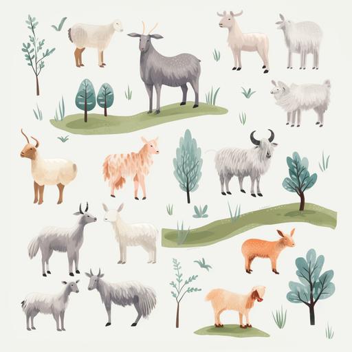 set of farm animals sheep goats horses. no background white background