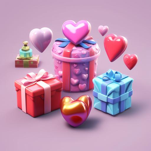 set of gifts that using on livestream app (including rose, candy, cake, money, diamond, gift box, heart), 3d, hyper realistic ::