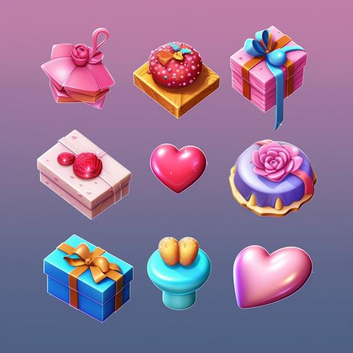 set of gifts that using on livestream app (including rose, candy, cake, money, diamond, gift box, heart), 3d, hyper realistic ::