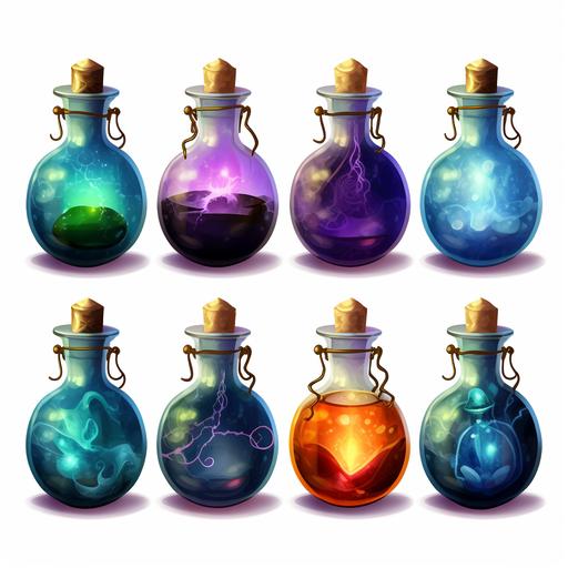 set of magic potions separated from each other with bottom shadows, png style, white background