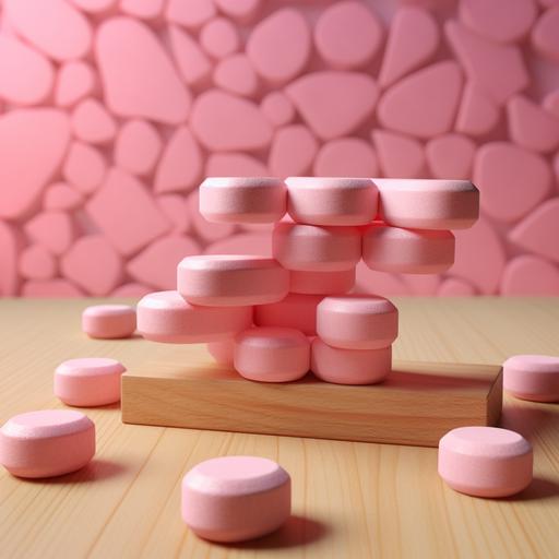 set of rounded pink pills in a raw connect between two wooden blocks