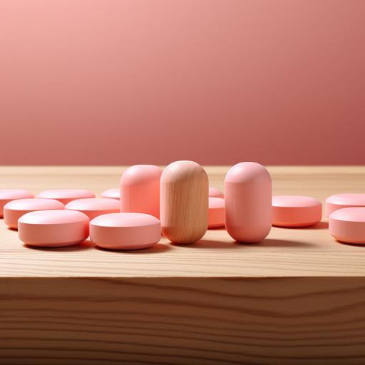 set of rounded pink pills in a raw connect between two wooden blocks