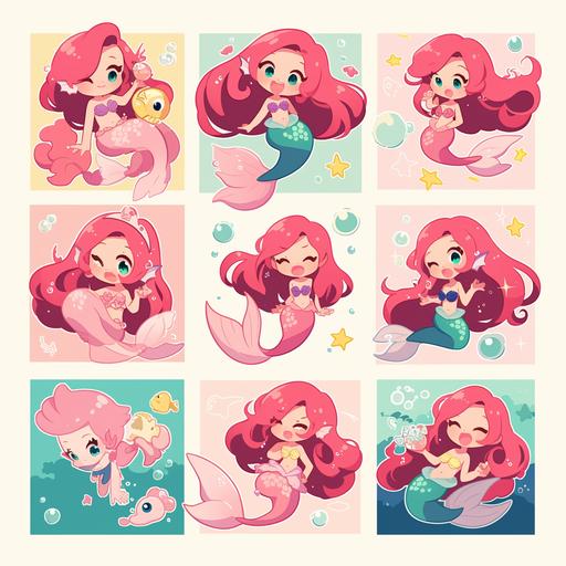 set of various emoji stickers of a mermaid sitting on a pink background with bubbles, in the style of light beige and aquamarine, abstract symmetrical representation of asymmetry, manga-inspired, gemstone, toyen, tinycore, light pink and red --niji 6