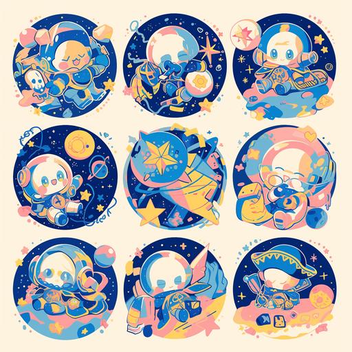 set of various emoji stickers of a space pirate sitting on a celestial background with stars, in the style of light beige and aquamarine, abstract symmetrical representation of asymmetry, manga-inspired, gemstone, toyen, tinycore, light pink and blue --niji 6
