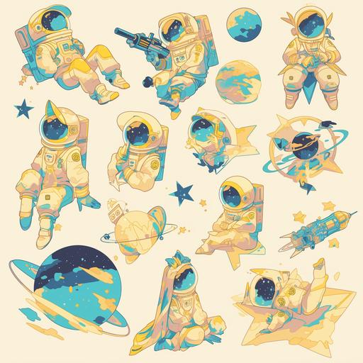set of various emoji stickers of a space pirate sitting on a celestial background with stars, in the style of light beige and aquamarine, abstract symmetrical representation of asymmetry, manga-inspired, gemstone, toyen, tinycore, light pink and blue --niji 6