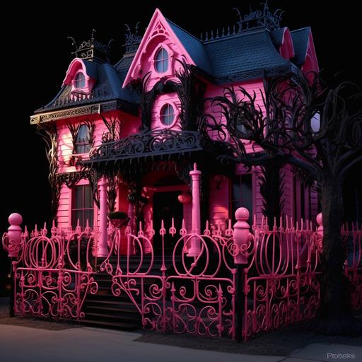 set on city block behind high black metal ornate fencing , fluorescent pink gingerbread house with ornate trims , glossy black balustrade and fine trims , Tim Burton style --weird 1500 --s 400 --v 5.1