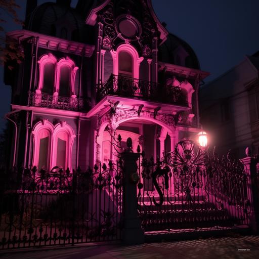 set on city block behind high black metal ornate fencing , fluorescent pink gingerbread house with ornate trims , glossy black balustrade and fine trims , Tim Burton style --weird 1500 --s 400 --v 5.1