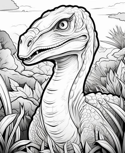 coloring page for kids, Velociraptor, cartoon style, thick line, low detailm no shading --ar 9:11