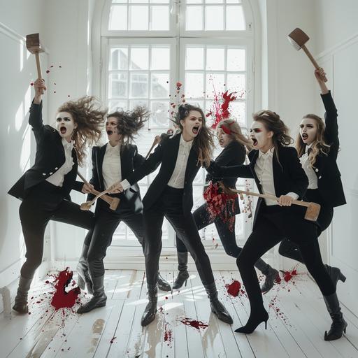 seven girls with victorian hair and makeup wearing suits and flat shoes in a bright white room with one window smashing glass and red items with hammers