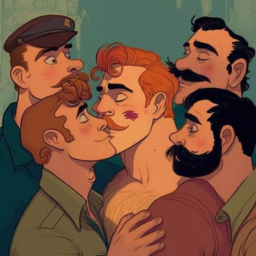 several gay hairy men group kiss, disney art style