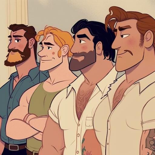 several gay hairy men staring off into the same direction, no emotion, disney art style