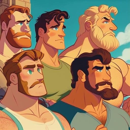 several gay hairy men staring off into the same direction, no emotion, disney art style